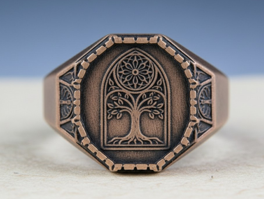 Antique Tree of Life Signet Ring 925 Sterling Silver Vintage Bronze Plated Men’s