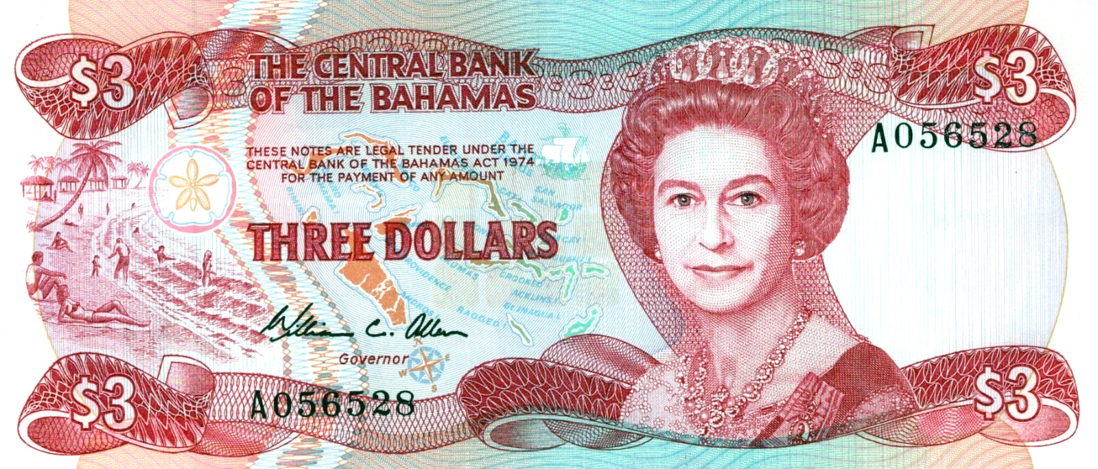 Bahamas 3 Dollars 1974 (1984) Pick # 44a UNC