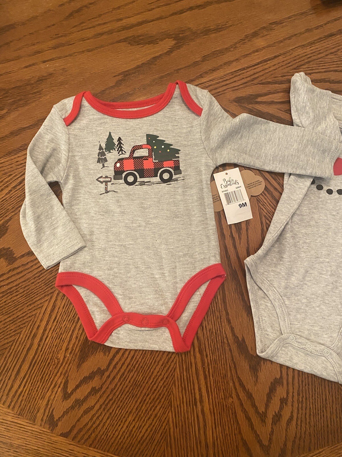 2 Christmas One piece 6-9 months Red Truck Tree, gray long & short sleeve