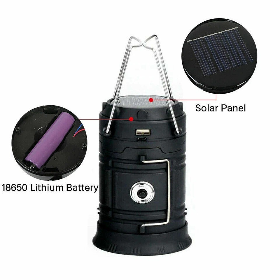 2x Solar Camping Lantern Flashlight Lamp Portable Rechargeable LED USB Power