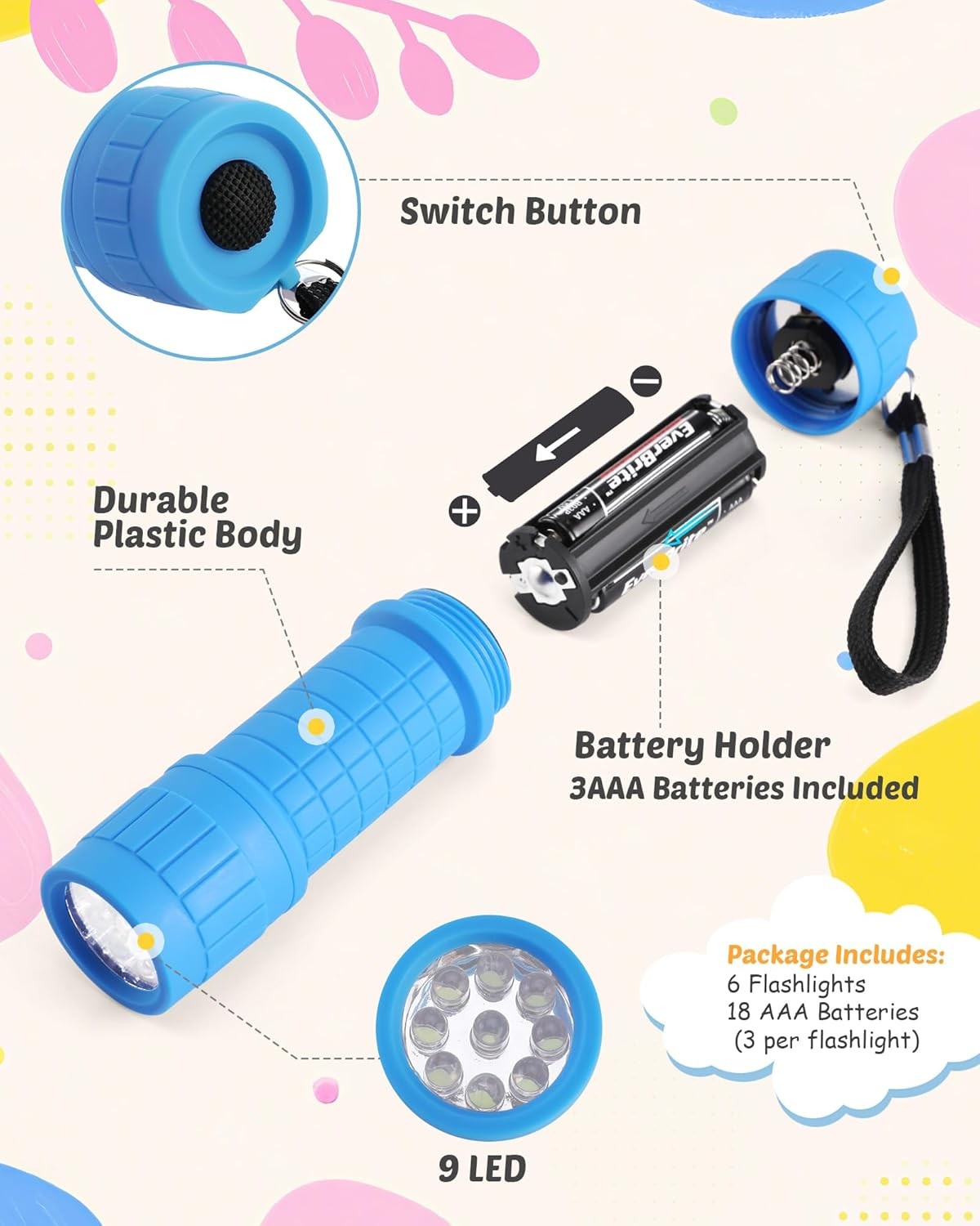 EverBrite 9-LED Flashlight 6Pack Impact Handheld Torch with Lanyard 3AAA Battery