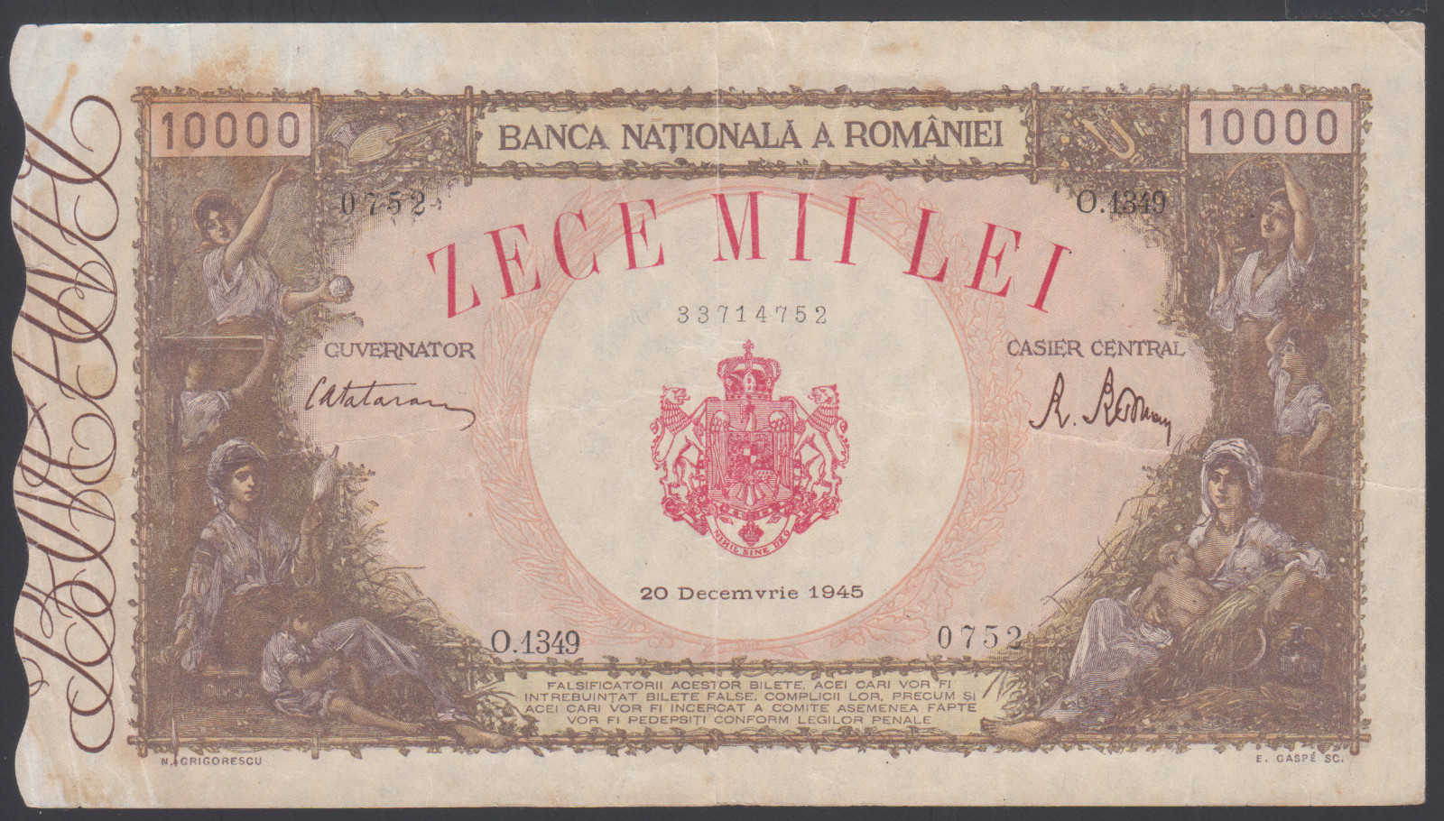 Romania  10000  Lei   1945  VF  P. 57a,   Banknote, Circulated