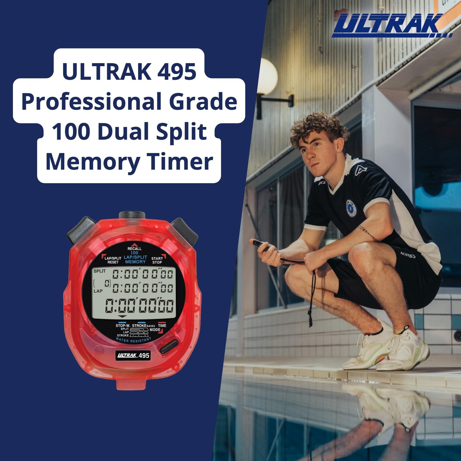 ULTRAK 495 Stopwatch – Red Professional 100-Lap Digital Timer, Countdown I