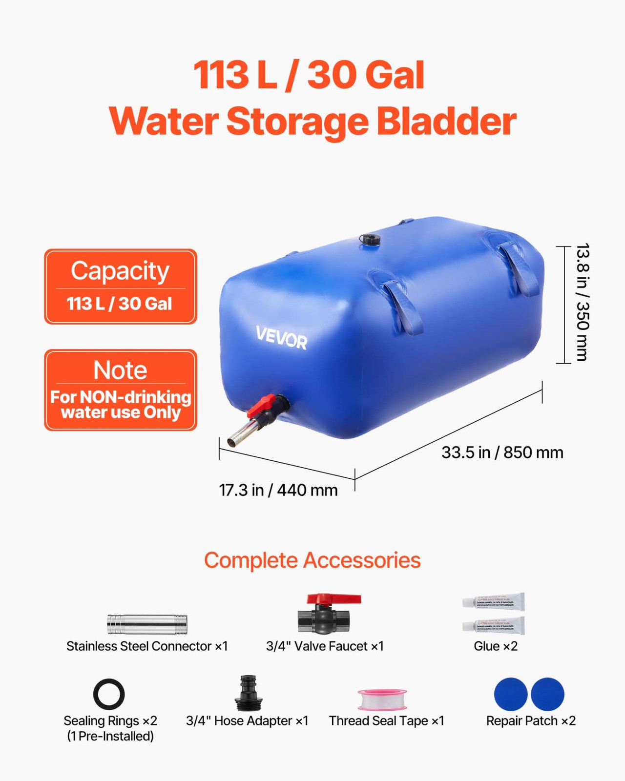 VEVOR Water Storage Bladder 30 Gallon Large Capacity Water Bag, Portable & Colla