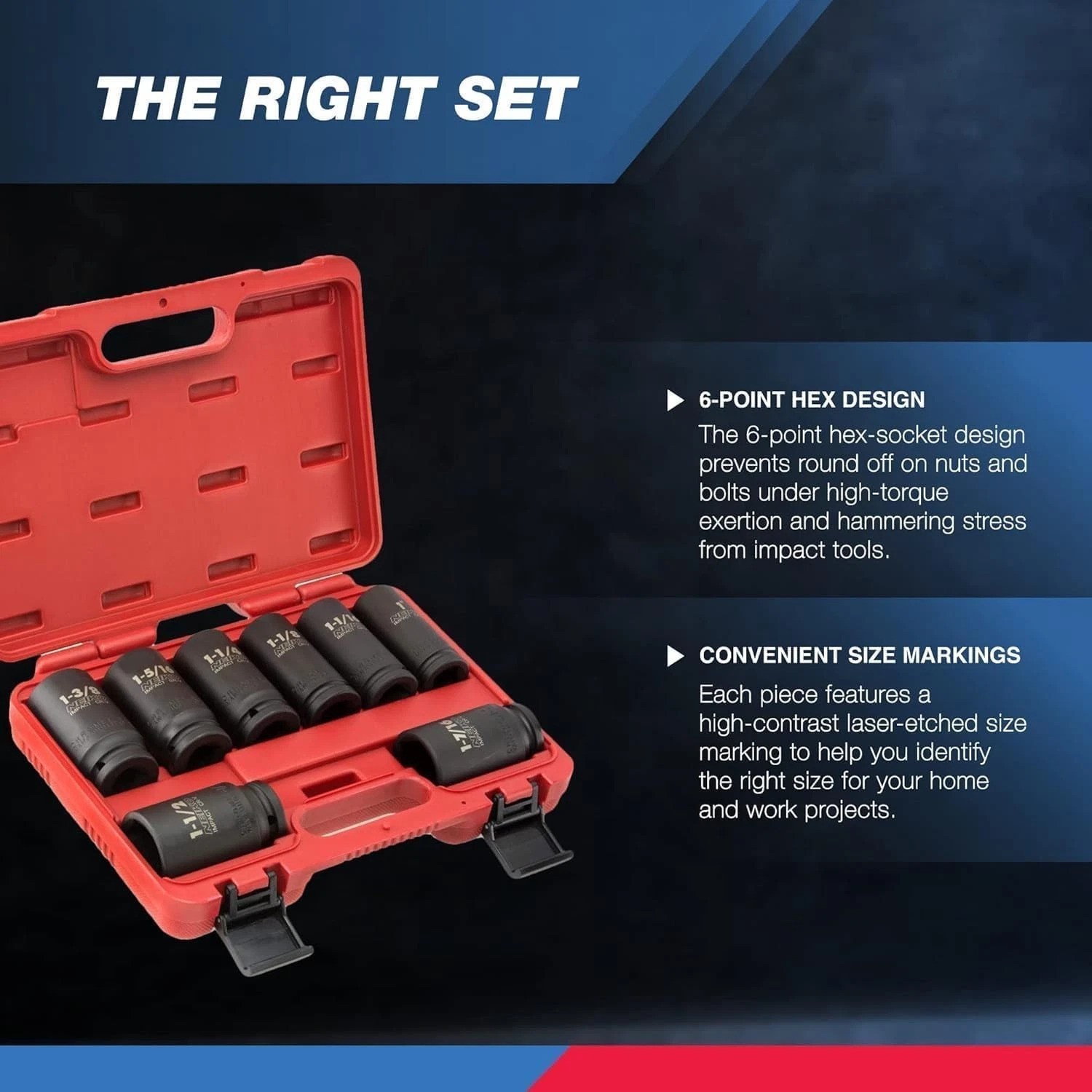 4 Drive Impact Socket Set 1" to 1 1/2" SAE 8 Piece Deep/Jumbo Socket Set