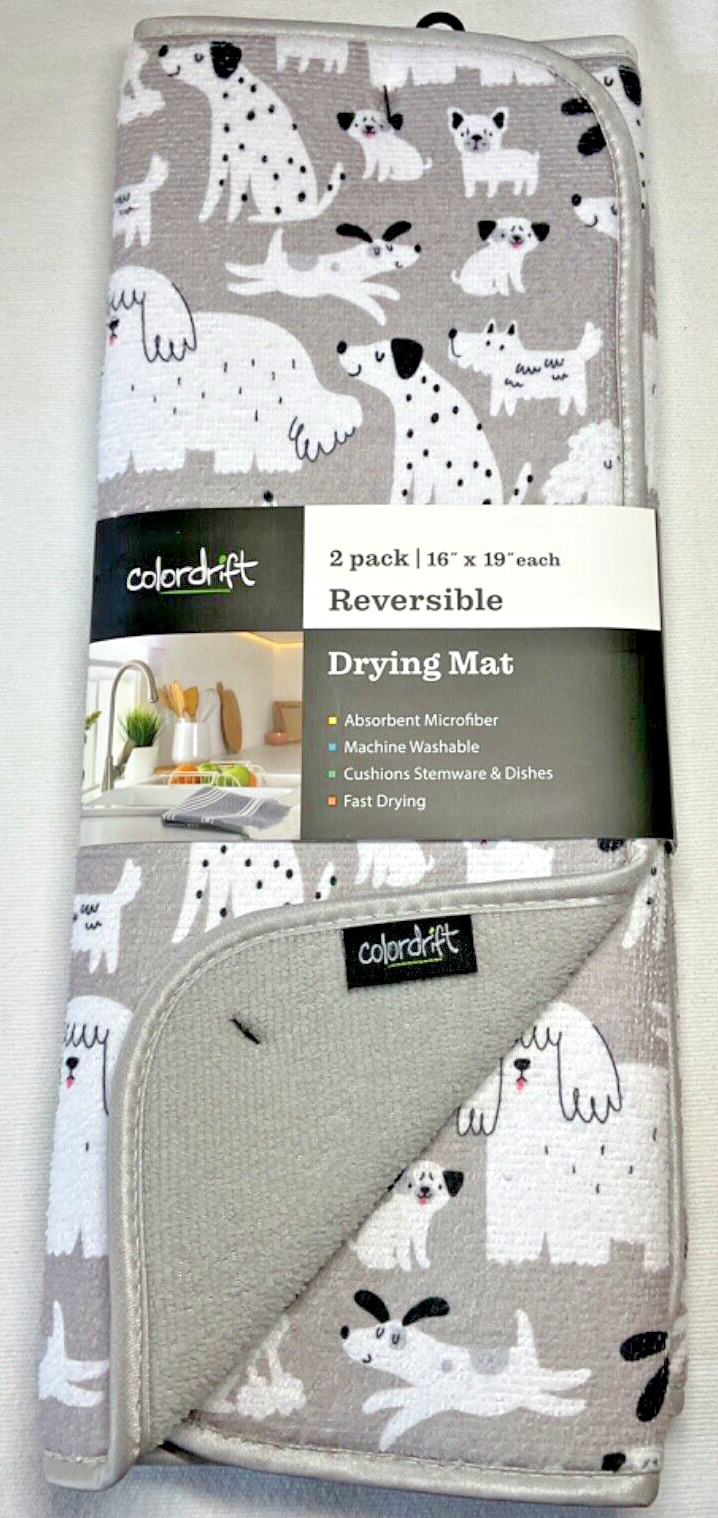 COLORDRIFT REVERSIBLE DRYING MATS (2) DOGS GRAY WHITE 16 X 19 MICROFIBER NIP