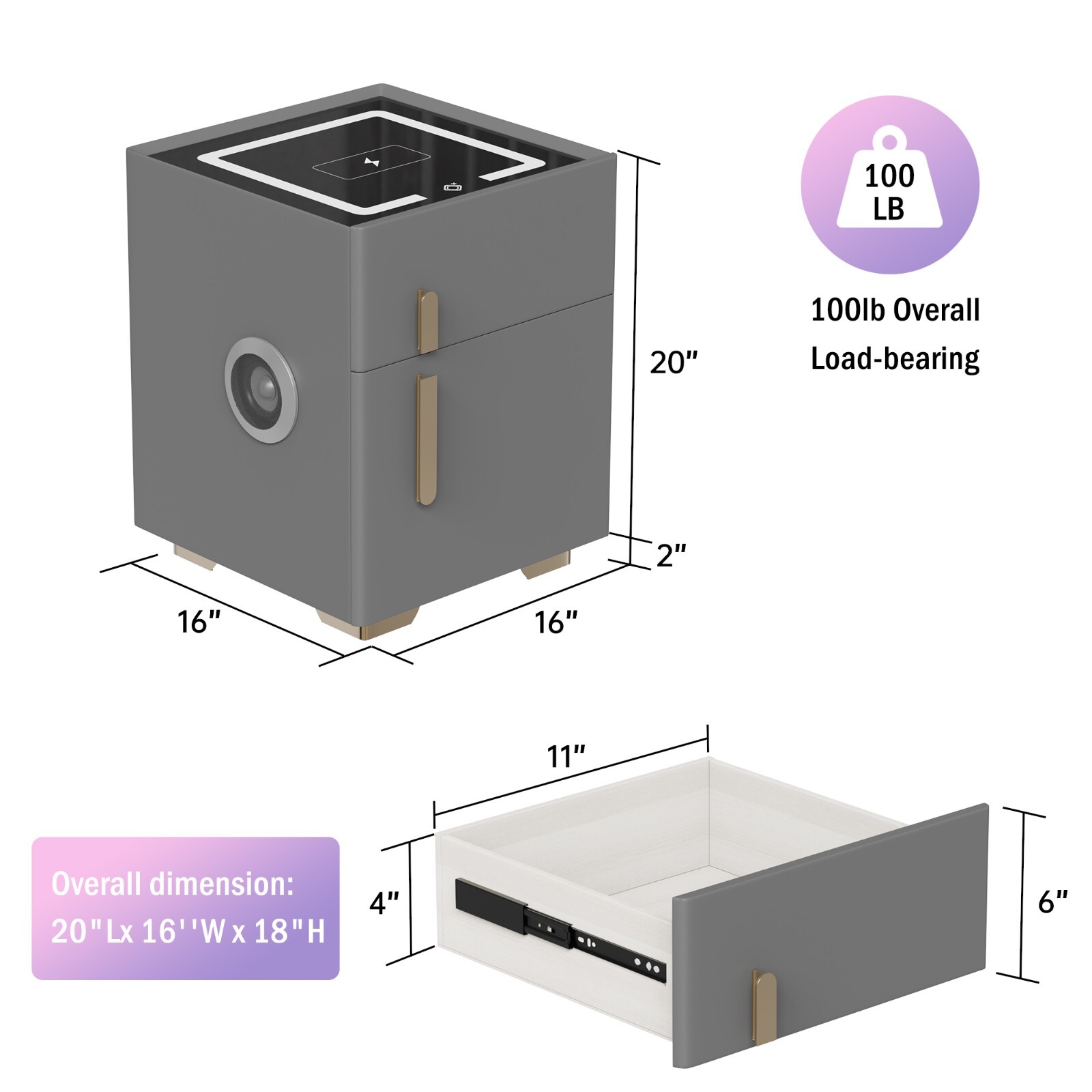 Double Drawer Smart Bedside Table with Safe (Dark Gray)