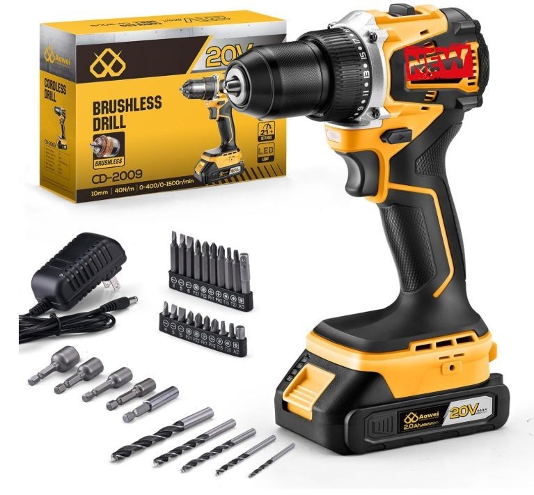 Kit taladro atornillador 20V sin escobillas con mandril 3/8" y batería. Nuevo