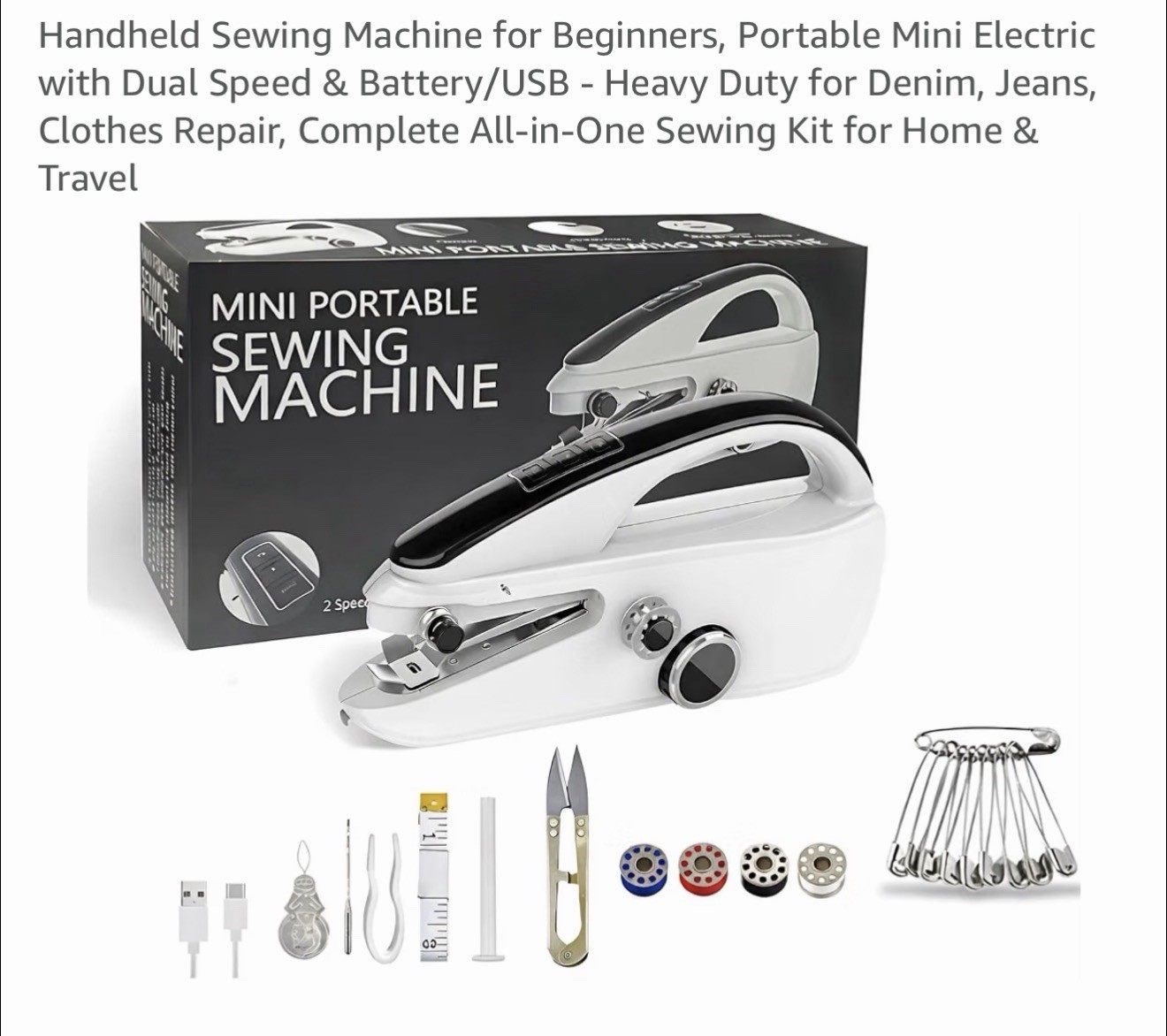 Mini Portable Handheld Sewing Machine 2-Speed, Thread Cutter, Battery, Denim