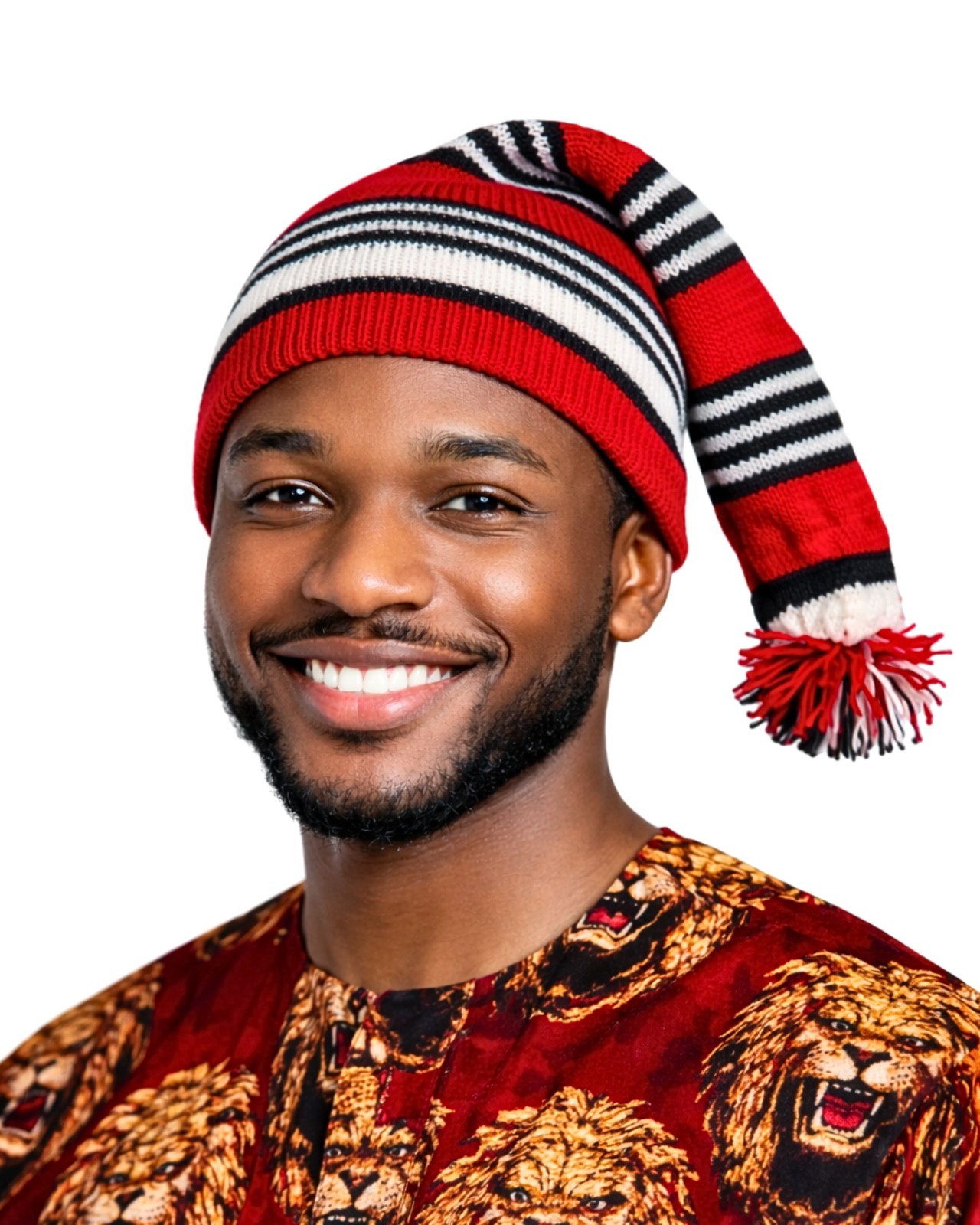 Igbo Traditional Men's Wool Hat, Knitted Stripped Dance Skull Cap (Long)
