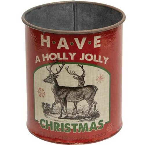 New Primitive CHRISTMAS DEER HAVE A HOLLY JOLLY Metal Can 4"H x 3.25"W x 3.25"D