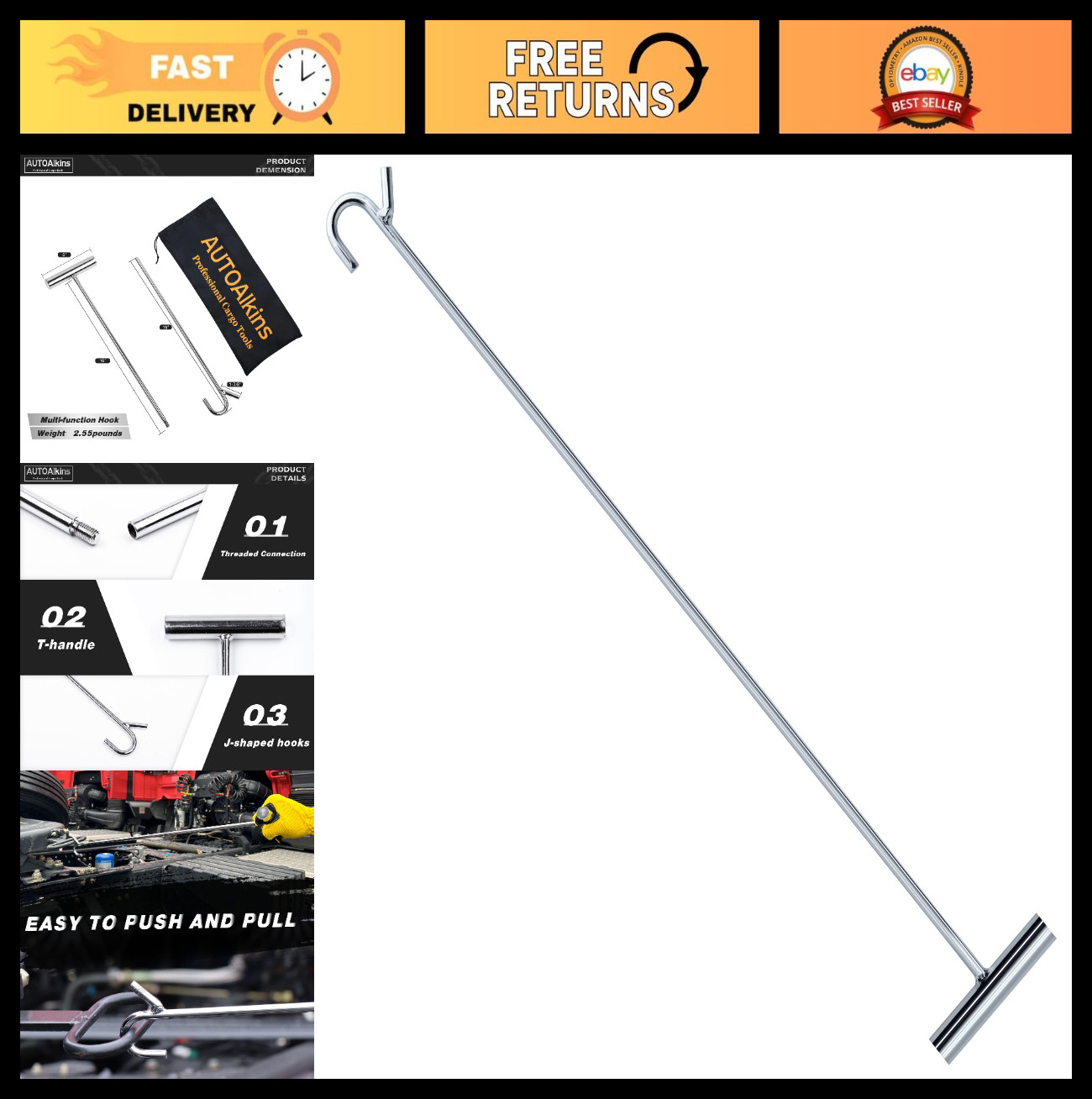 Heavy Duty 5th Wheel Pin Puller - 32" Solid Steel Chrome Plated Hook Tool