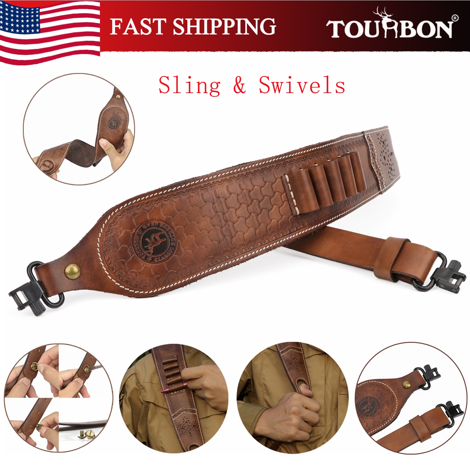TOURBON Vintage Leather 2 Point Padded Rifle Sling Swivels Ammo Holder Rest Hole