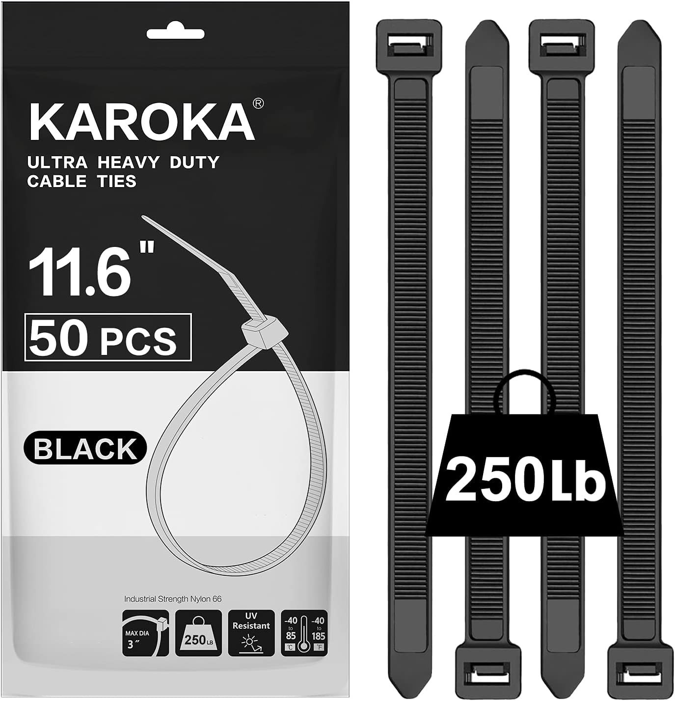 Industrial Heavy Duty Zip Ties 250lb 11.6in Wide Thick Cable Ties 50pcs Black HD