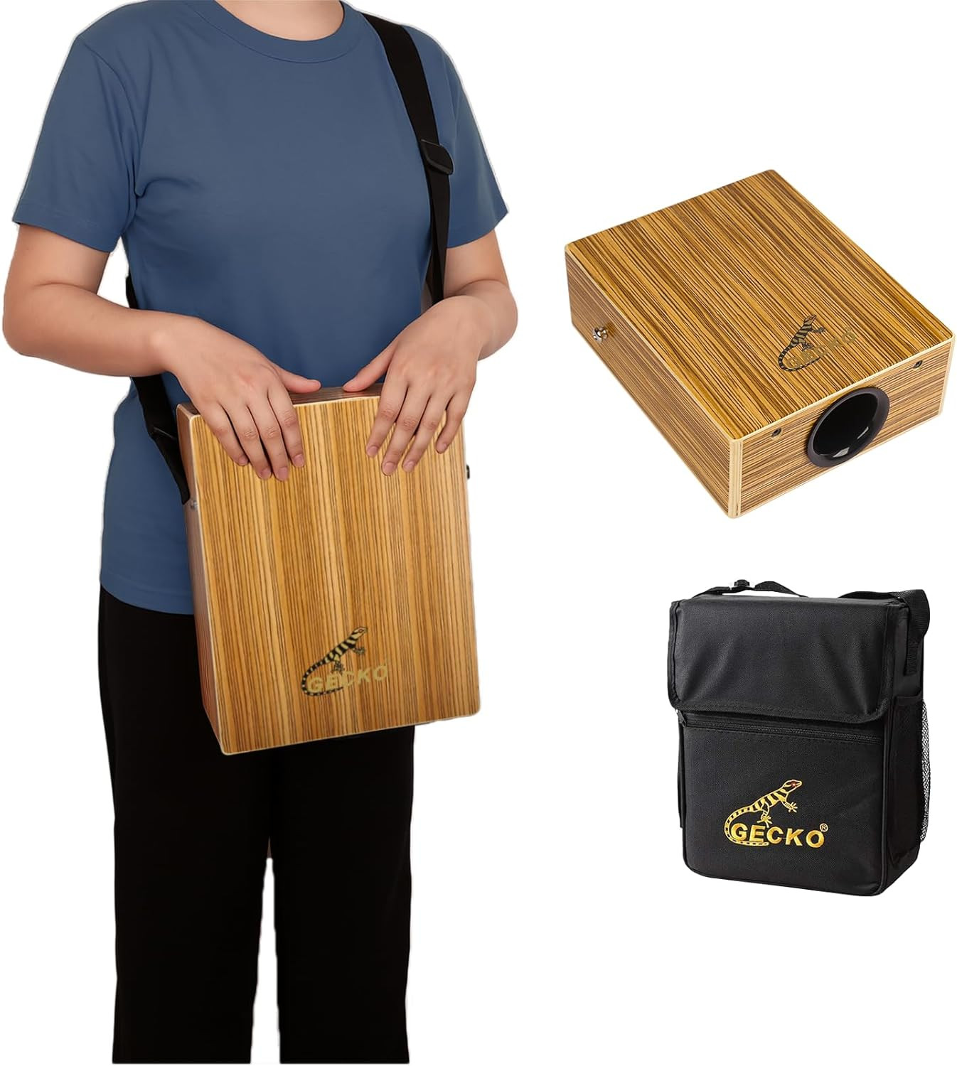 GECKO Travel Cajon Drum - Wooden Percussion Box Musical Instrument with Carrying