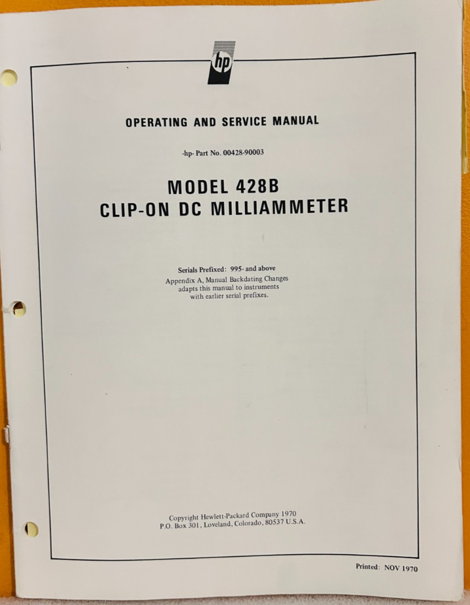 HP 00428-90003 Model 428B Clip-On DC Milliammeter Operating & Service Manual.