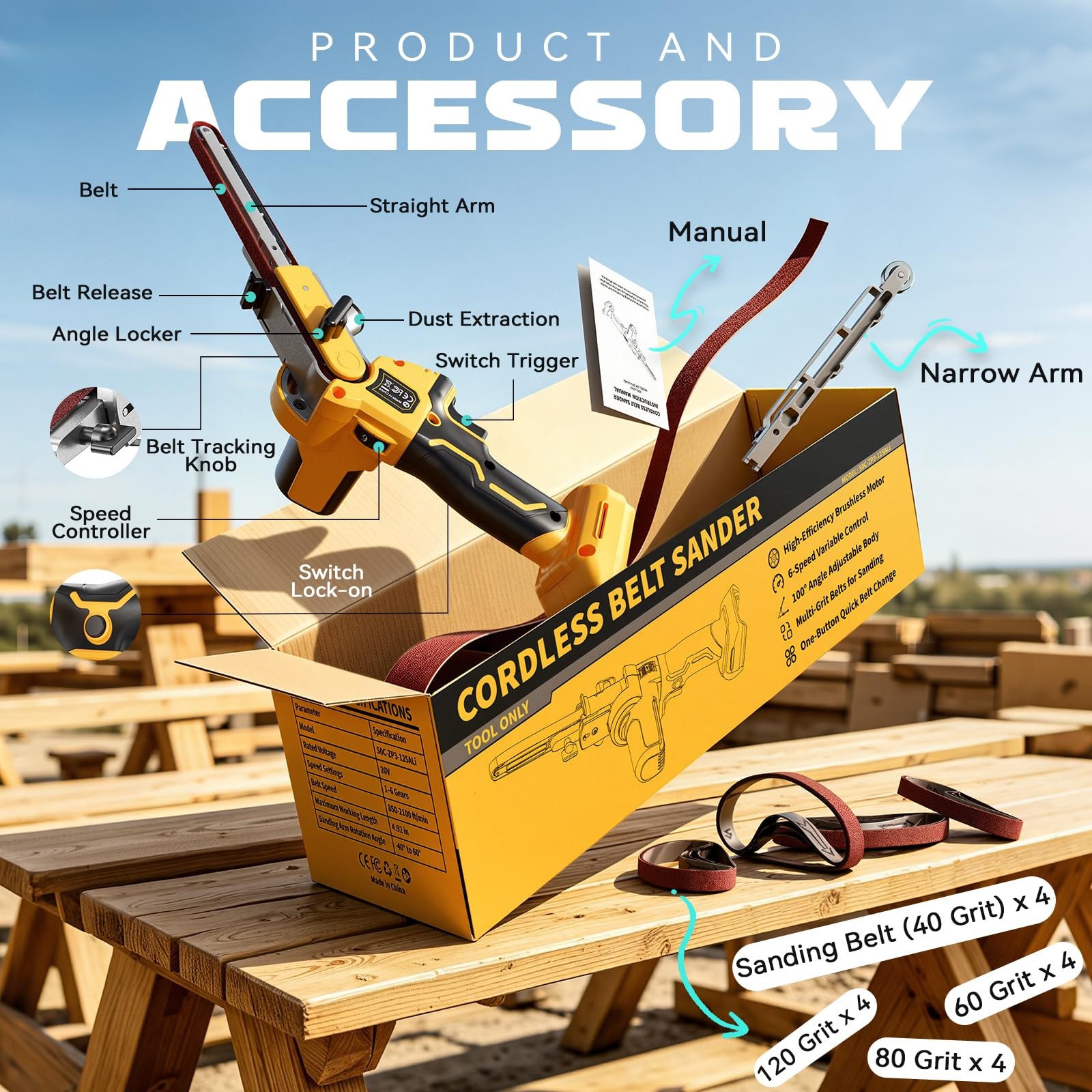 Cordless Belt Sander Compatible with Dewalt Battery Tool Only 100° adjustable...