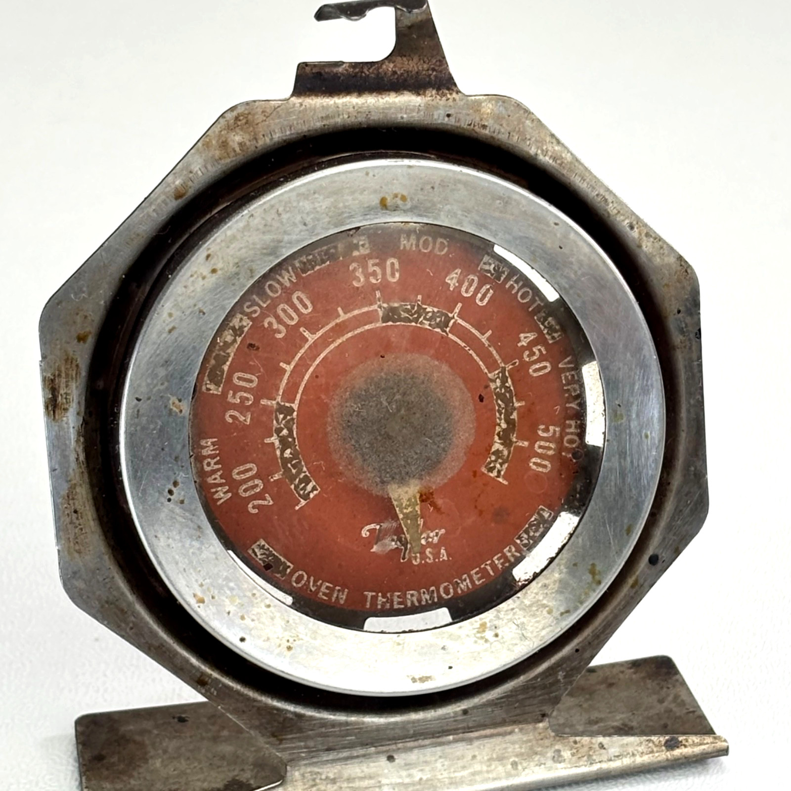 Vintage Taylor USA Oven Thermometer Red Dial Patina Stainless Hanging Standing
