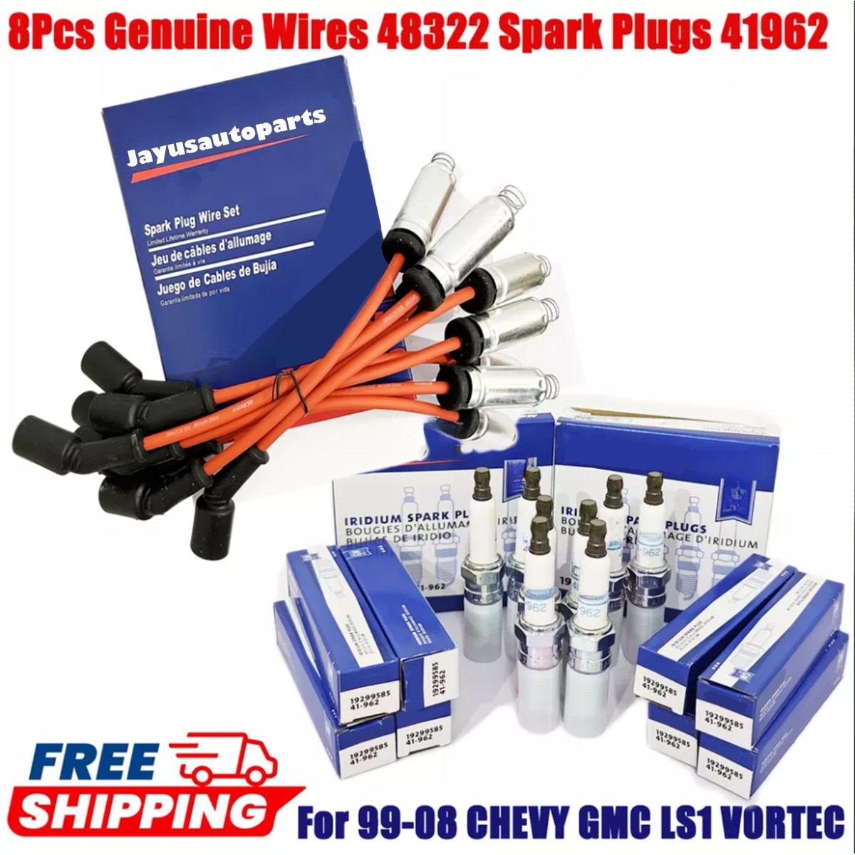 8PCS Wires 48322 Spark Plugs 41962 for Chevy Silverado GMC 4.8/5.3/6.0L V8