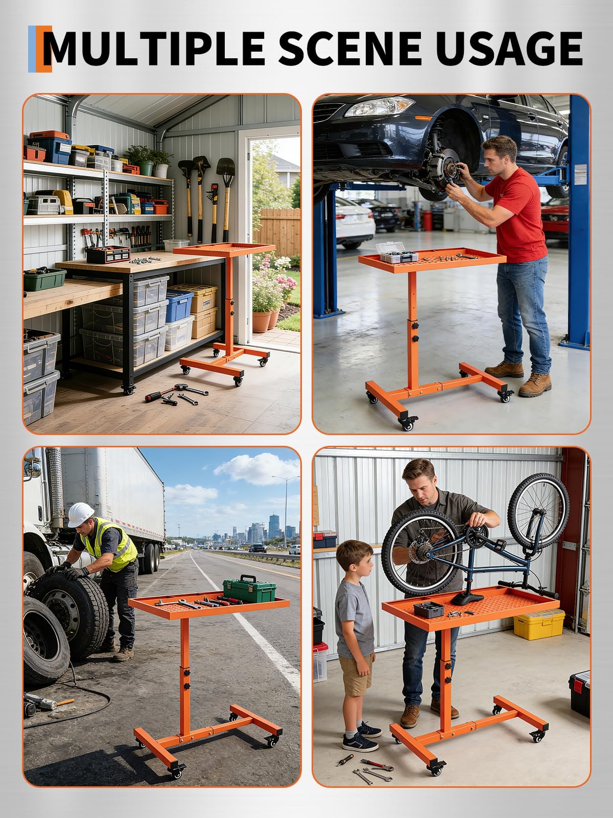 220LBS Heavy Adjustable Rolling Work Table with Tool Tray - Height 38"-45" Duty