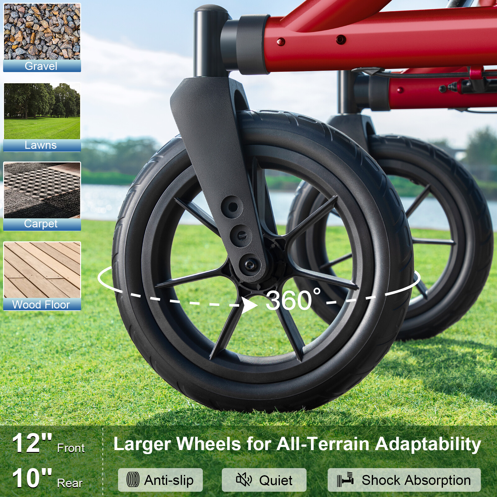 MAXWALK All-Terrain Rollator Walker for Seniors 12"Rubber Wheels Foldable Walker
