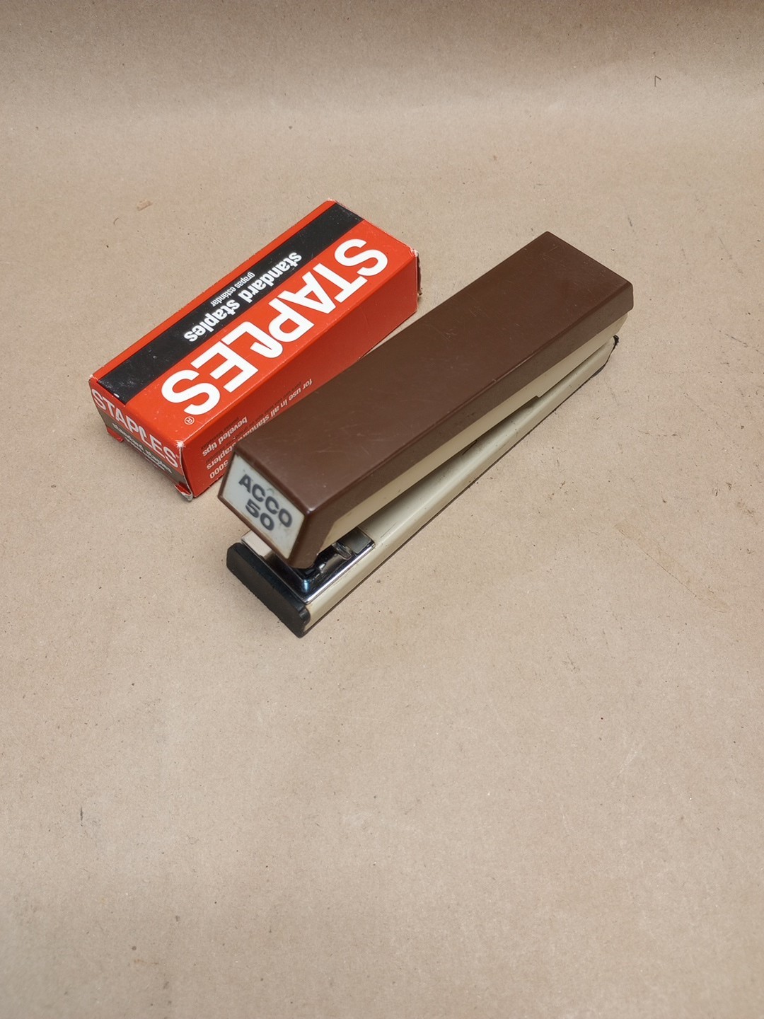 Vintage Acco 50 Metal Brown and Cream Color Stapler 6" - Tested W/Staples