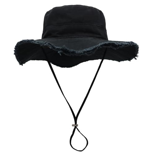 Womens Cotton Sun Hat Floppy Wide Brim Bucket Hat Foldable One Size Black