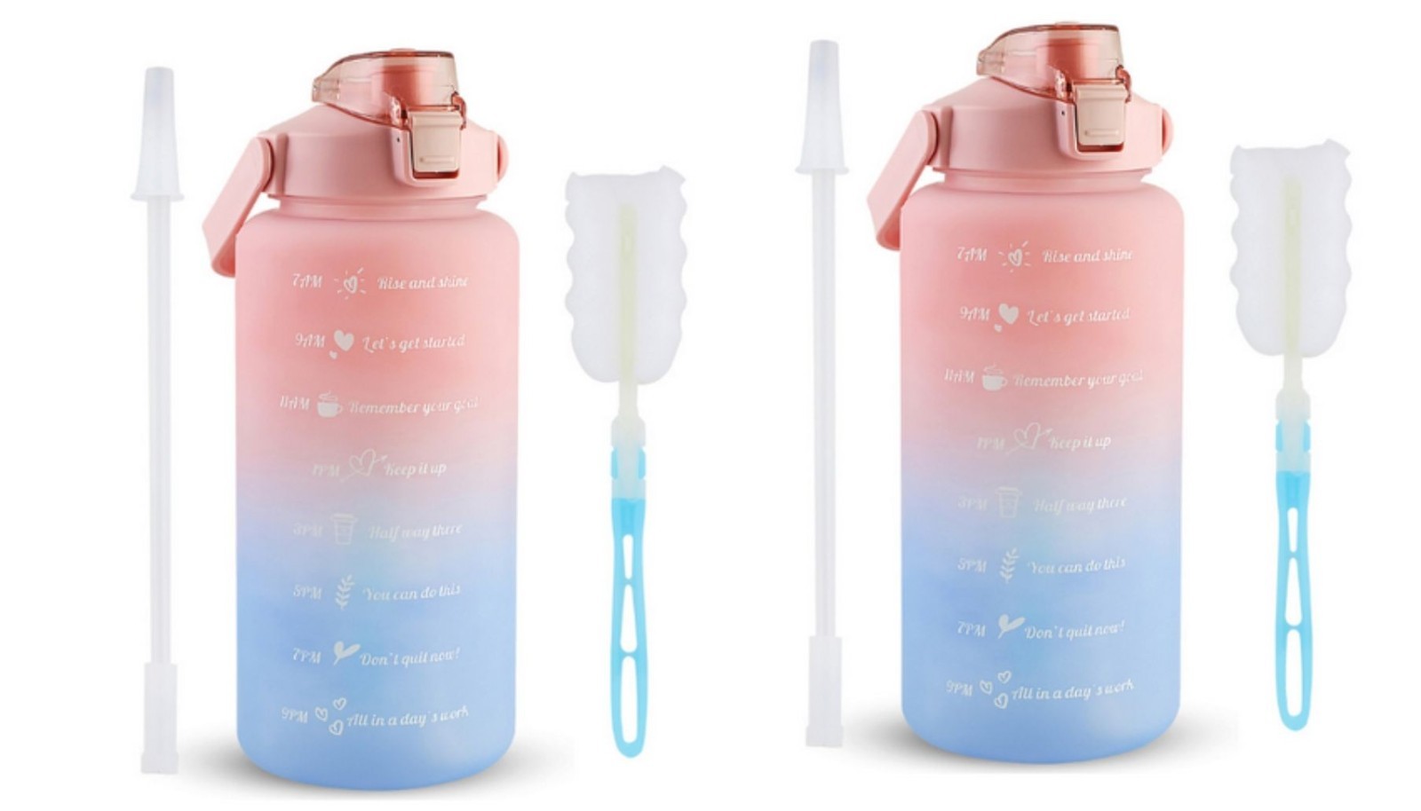 2-64 oz Bundle Sport Motivational Drinking Water Bottle with Time Marker & Brush