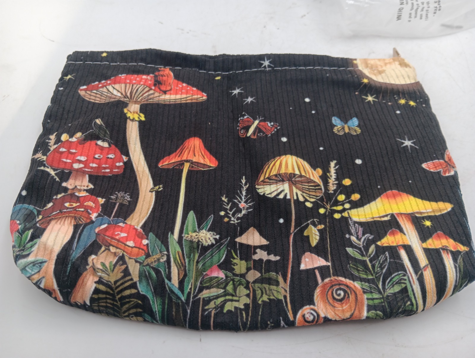 Mushroom Butterflies Moon Night Flowers Fabric Zipper Pouch, Black Yellow Red