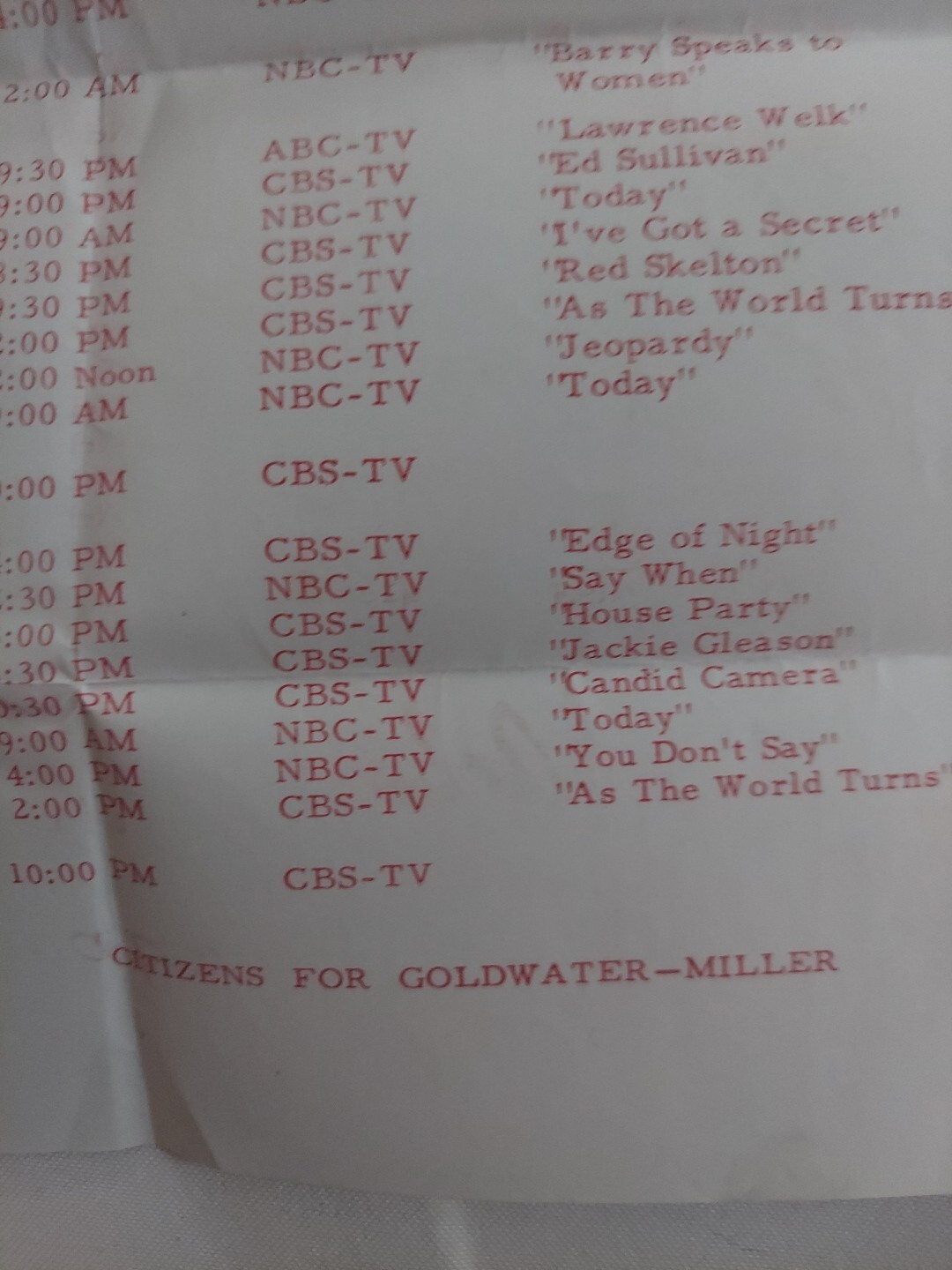 Barry Goldwater Presidential Candidate Goldwater On TV Schedule Paper