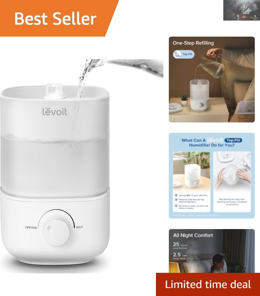 Ultra-Quiet 2.5L Top-Fill Humidifier for Bedroom & Nursery - 25 Hour Runtime