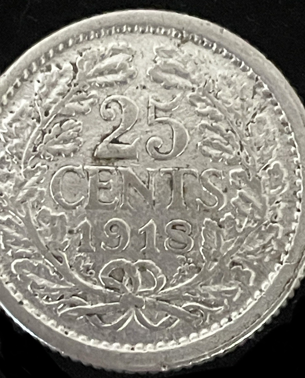 1918 NETHERLANDS QUEEN WILHELMINA l SILVER 25 CENT COIN