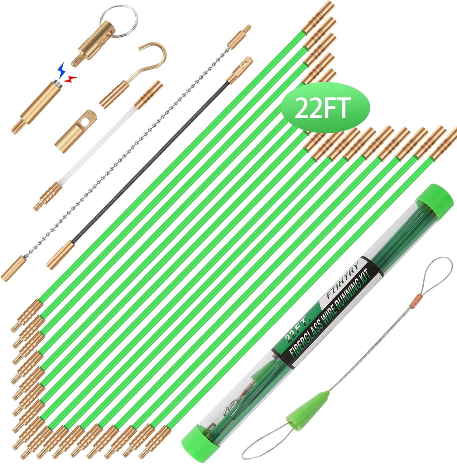 22FT Fiberglass Electrical Wire Pulling Kit with 8 Attachments