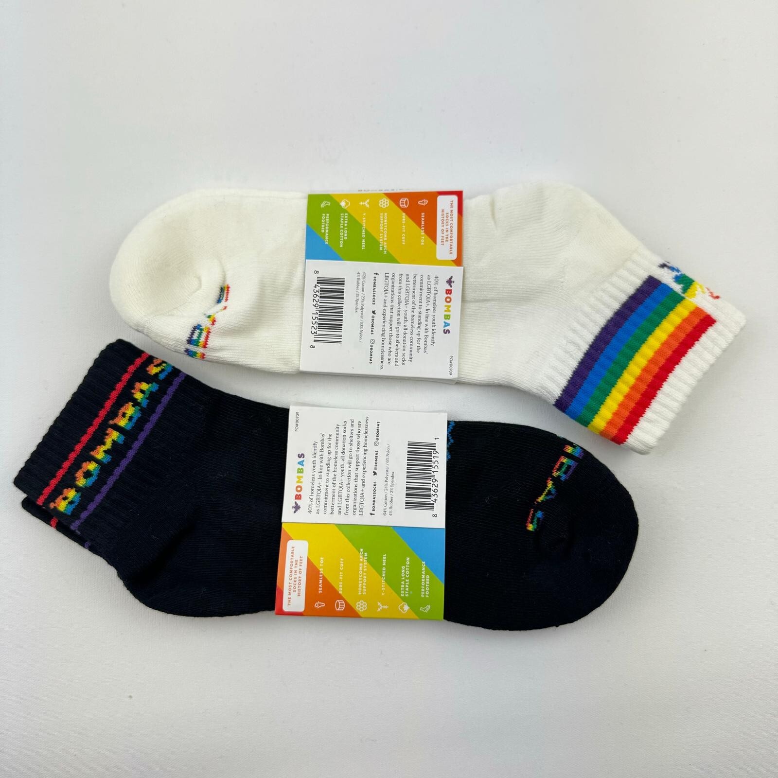 2-Pack Rainbow Bombas Bee Proud Quarter Pride Socks White Black Large Unisex