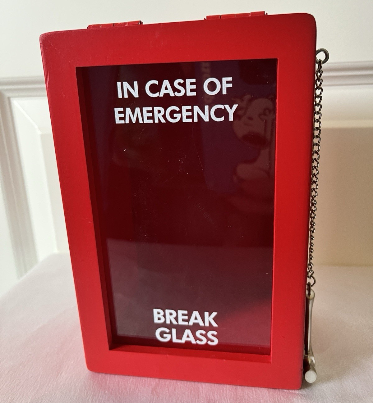 Funny Red Emergency Box Safe Desk Top Break in Case of Emergency Box w Hammer