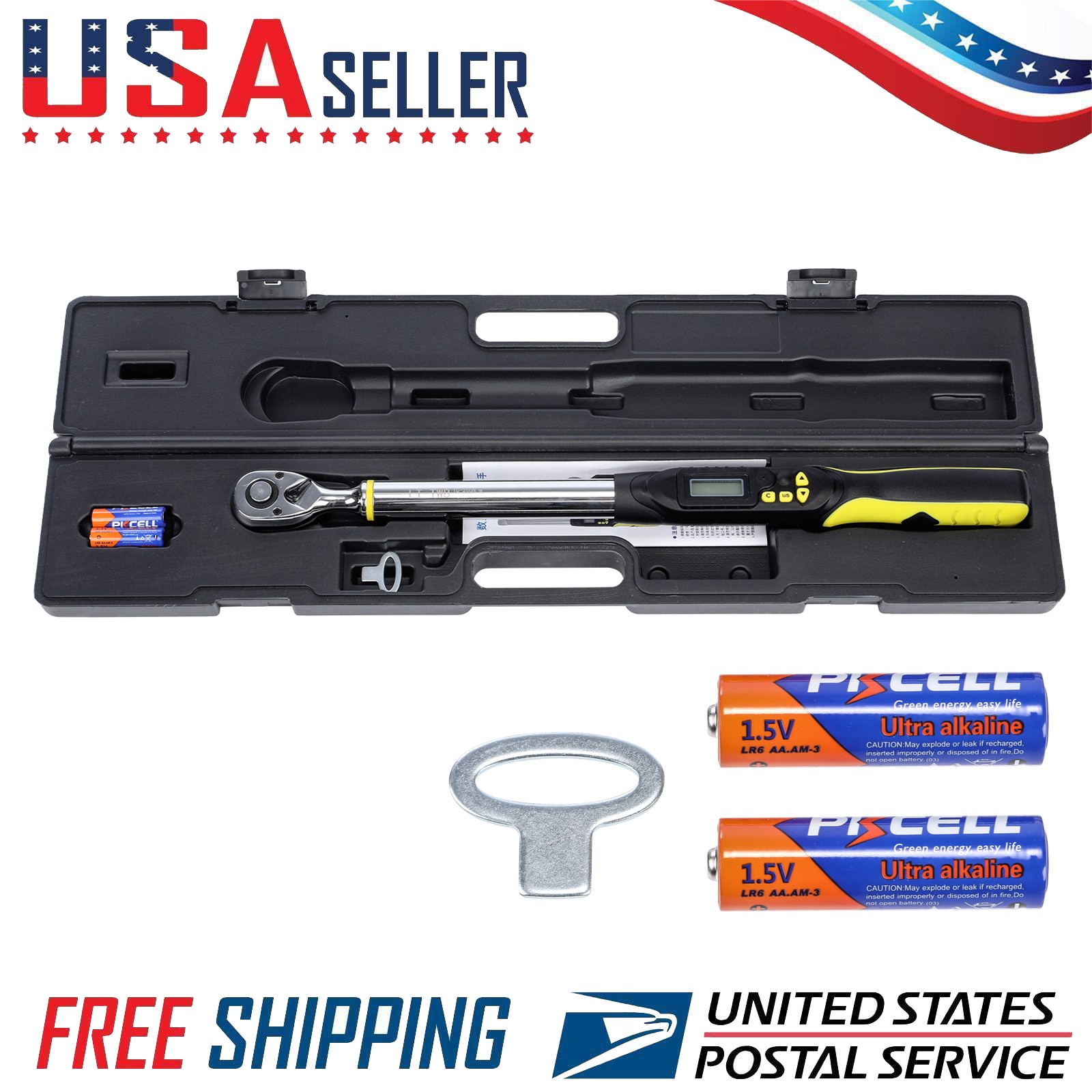 Adjustable 1/2" Drive 10-200Nm Calibrated Digital Torque Wrench + Battery + Key