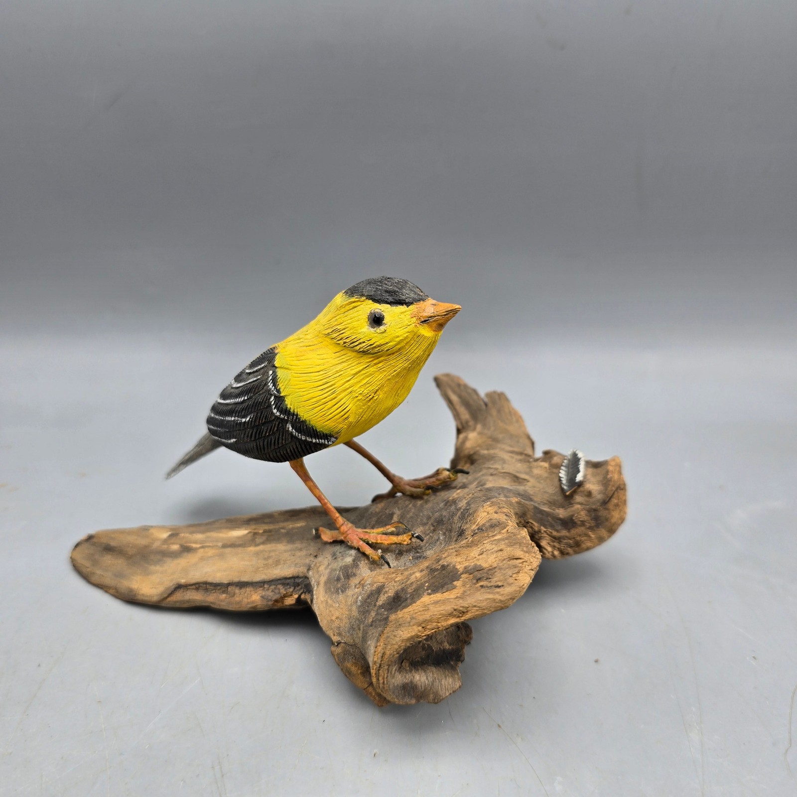 Signed Hand-Carved Wooden American Goldfinch Bird Sculpture on Driftwood