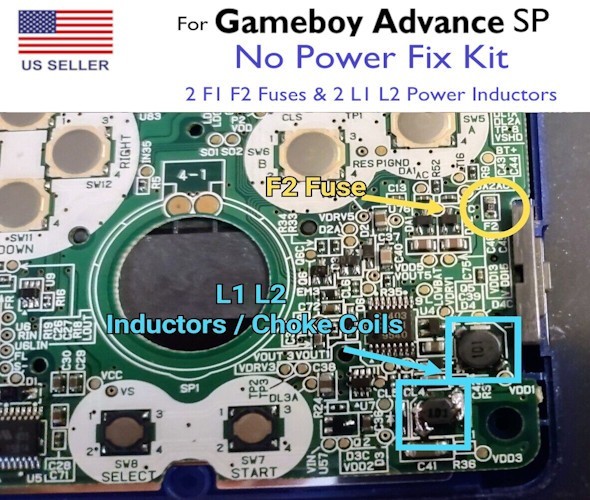 Gameboy SP No Power Fix (L1 L2 Inductor/Choke Coils, F1 F2 Fuses)