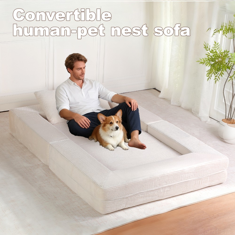 Compression Sofa Bed w/Pillow for Adult & Pets, Corduroy Fabric, Beige