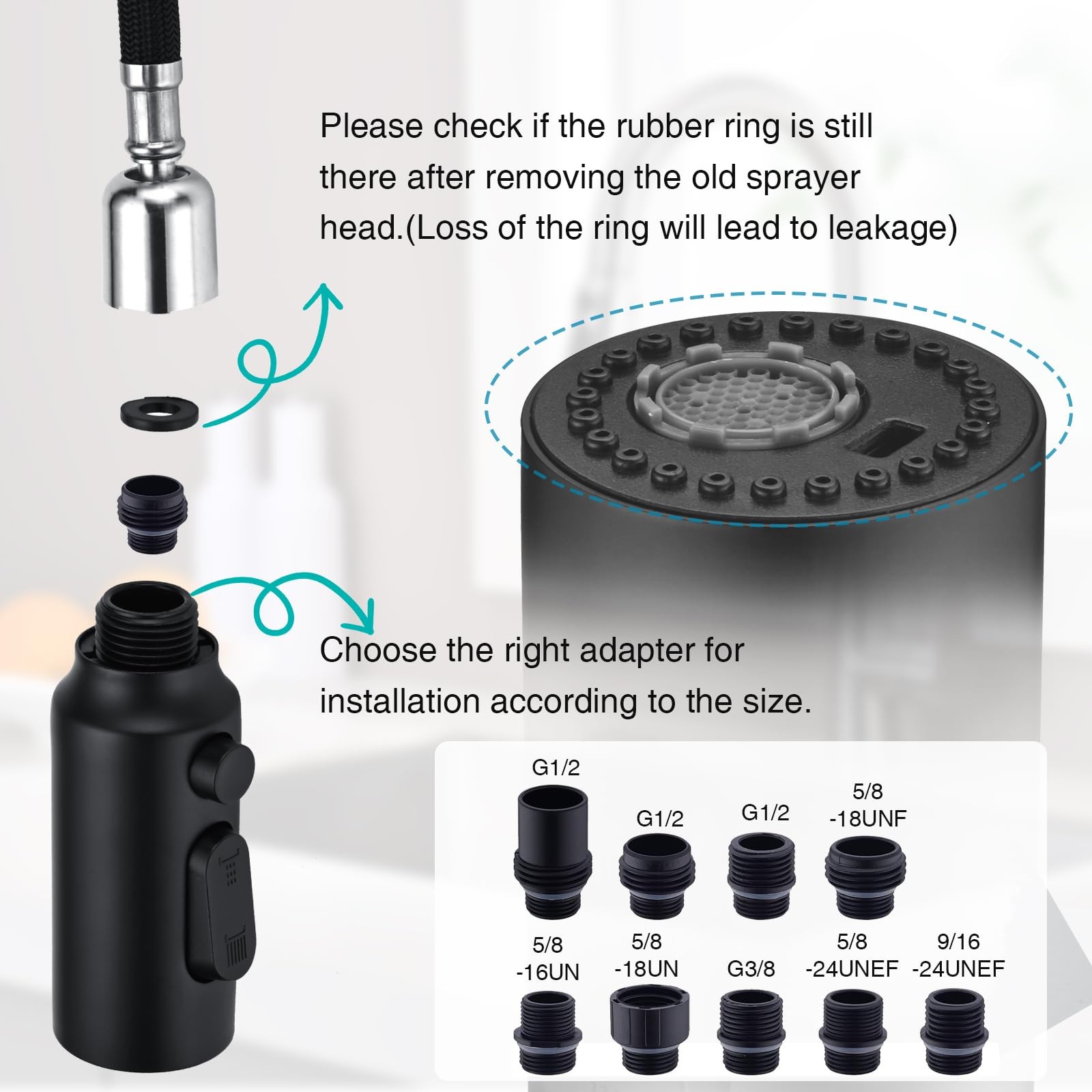 Stainless Steel Kitchen Faucet Head Replacement, Matte Black 3-Function Pull ...