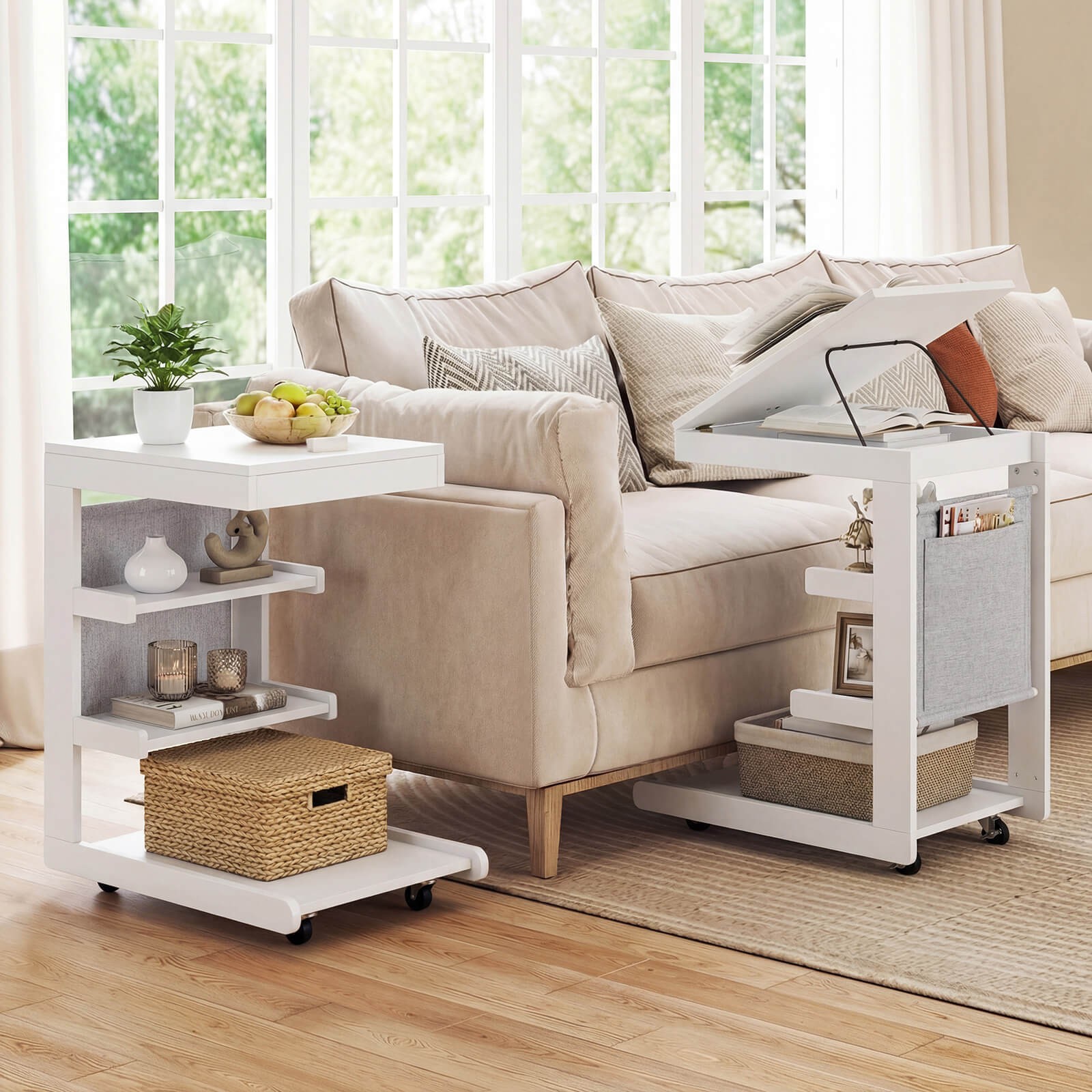2PCS C-shaped End Table w/Wheels Adjustable Desktop Edge Stopper Storage Pocket