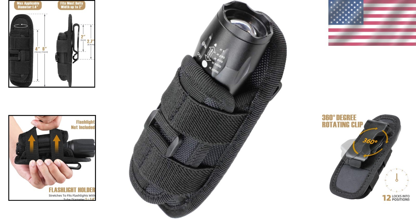 Heavy-Duty Tactical Flashlight Holster with 12 Position Clips for Versatility