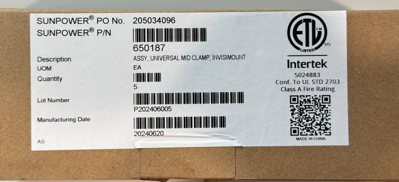 650187 ASSY, UNIVERSAL MID CLAMP, INVISIMOUNT, Box Of 5
