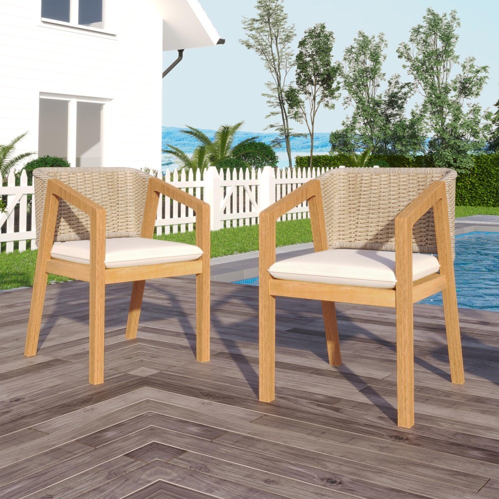 Dining Chair Set of 2 - Light Teak Acacia Wood, Patio Style with Rope Backrest