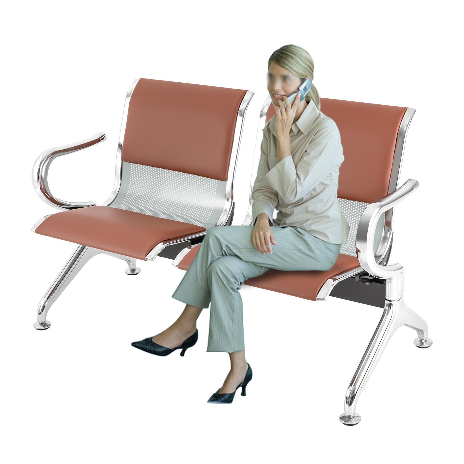 Waiting Room Chair Reception Guest Chair Office Bank Airport Bench 2 Seat, Brown