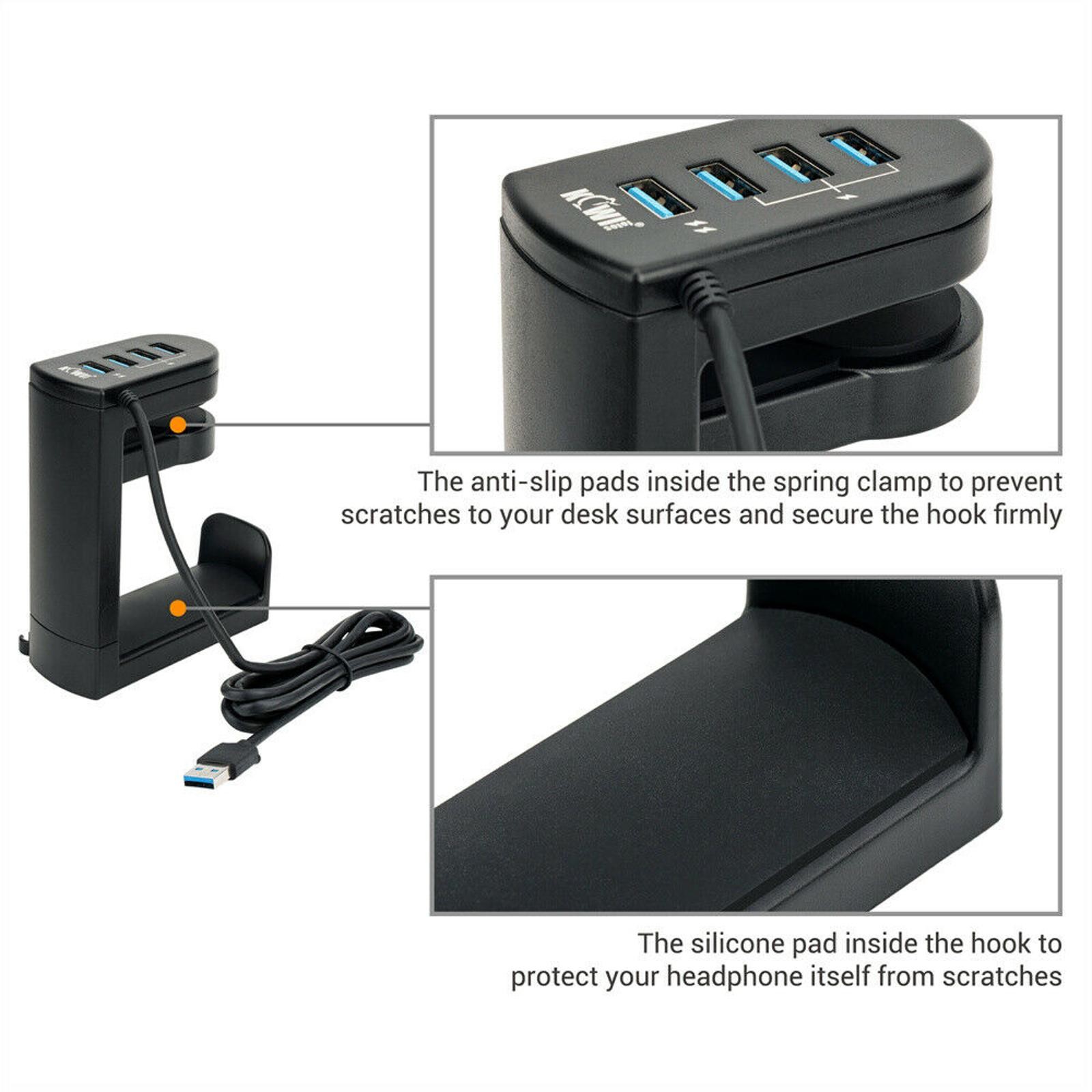 360° Rotation Headset Holder Earphone Storage Hook Stand 4-Port USB Data Hub vb
