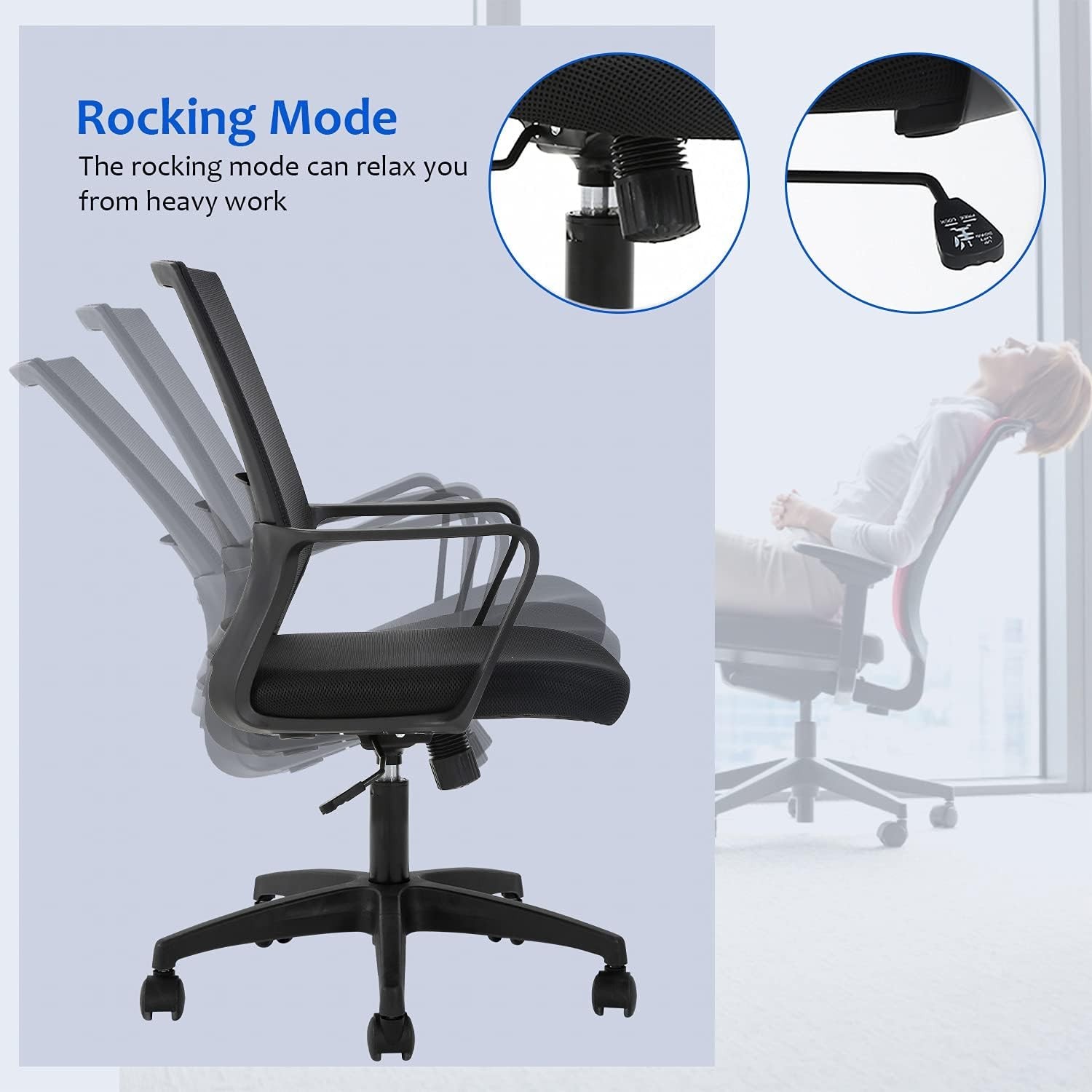 Adjustable Rolling Swivel Desk Chair with Armrests and Breathable Mesh, Black