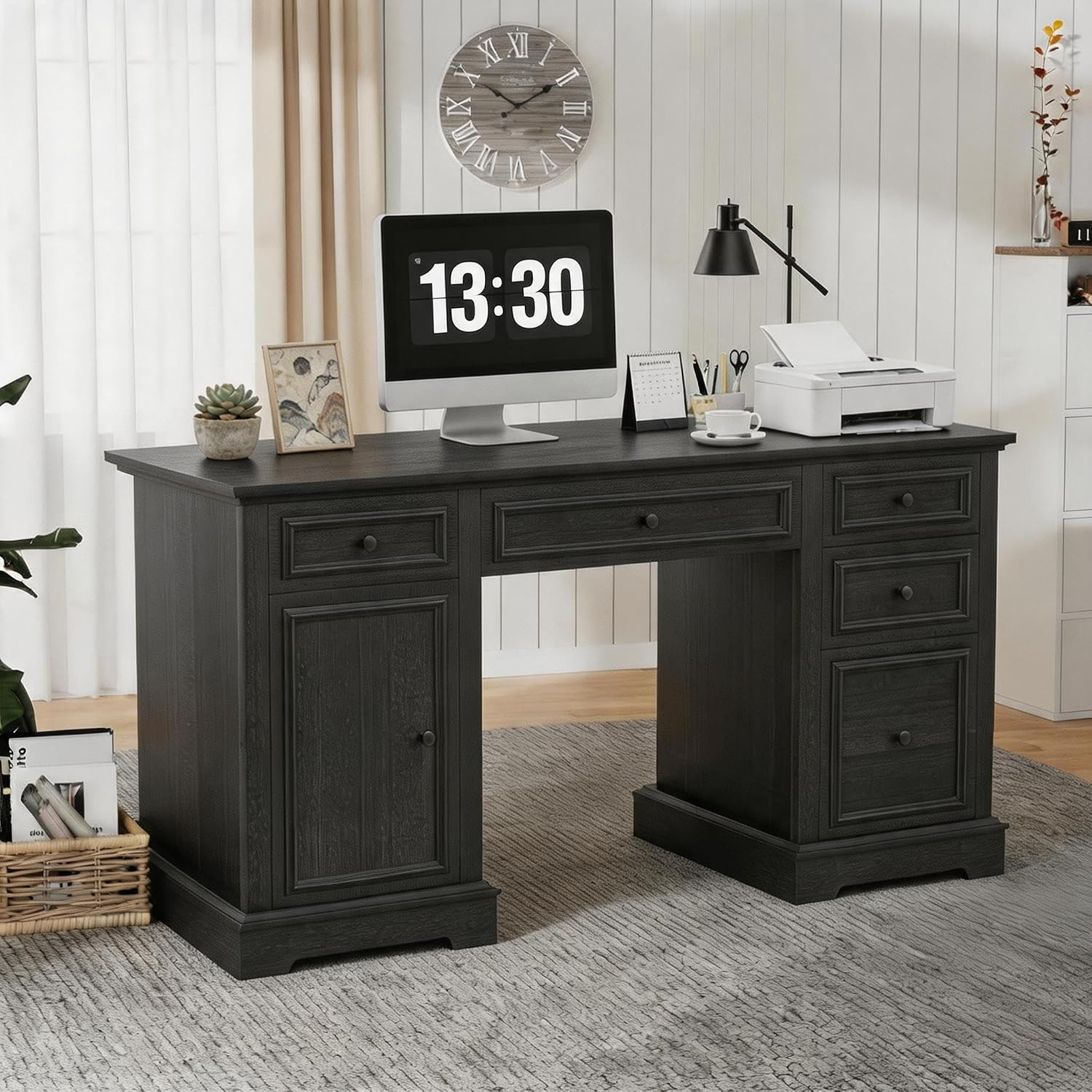 60" Farmhouse Executive Desk with Drawers and Cabinet, Embossed Texture Wood Hom
