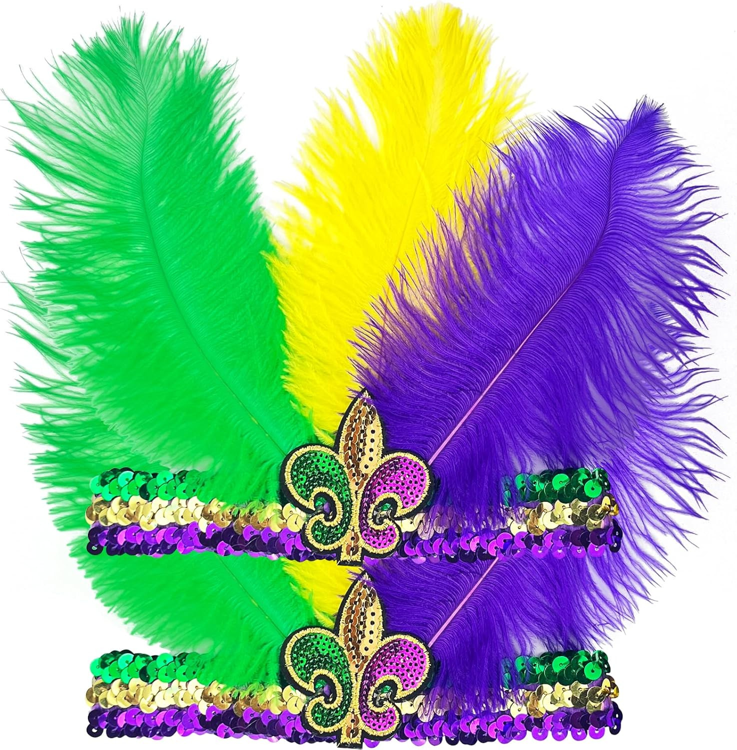 2 Pack Mardi Gras Fluer Di Lis Headband Sequin Fascinators Purple Yellow Gree...