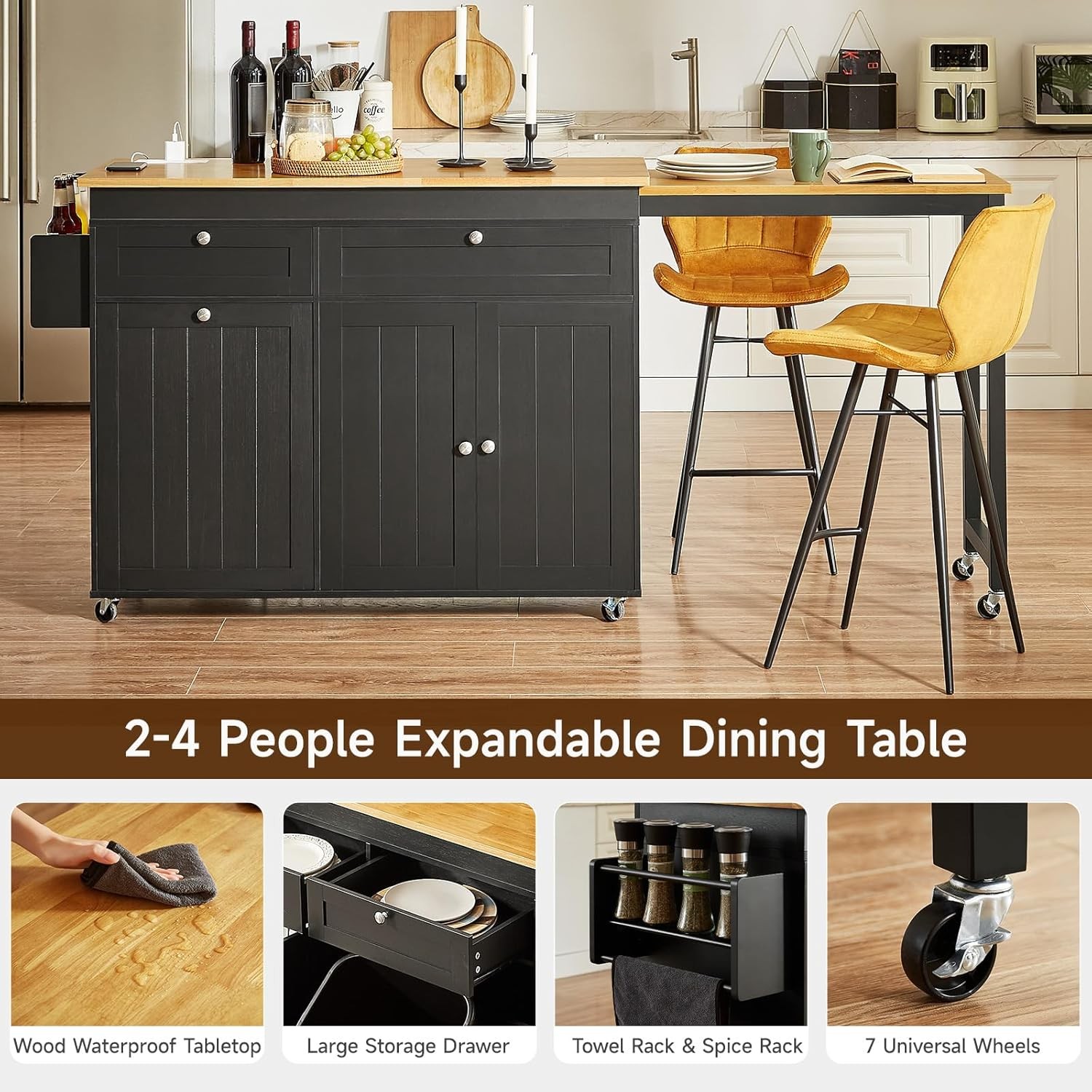 81.7" Kitchen Island with Extendable Dining Table - Mobile Cart, Black